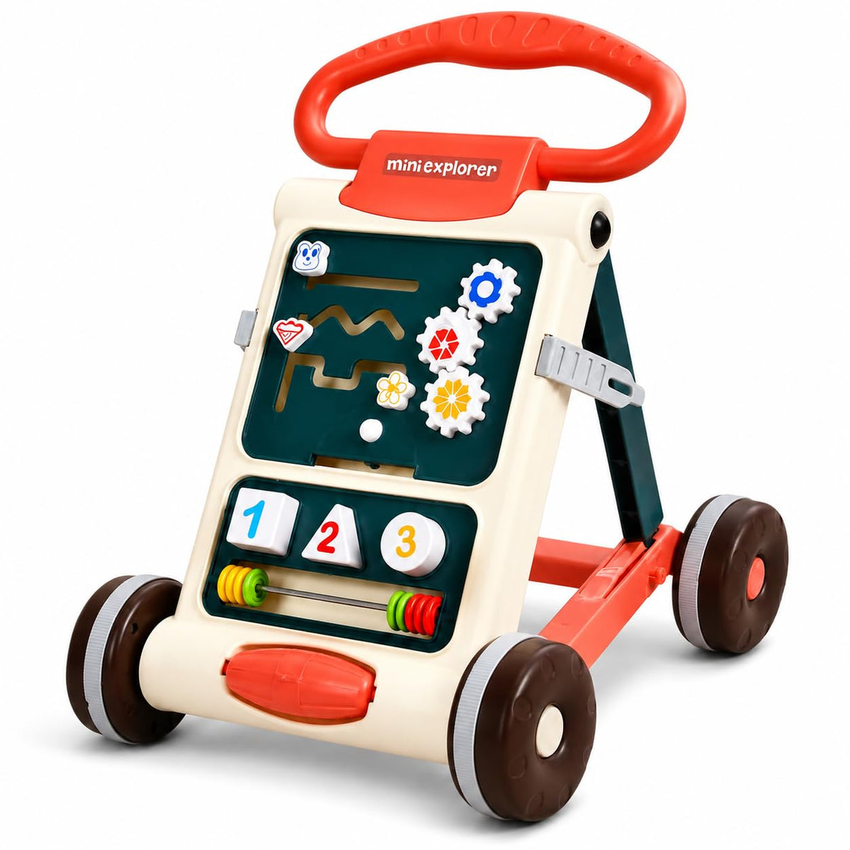 MiniExplorer Baby Activity Walker for 6-15 Months, Foldable Push Walker for Babies, Toddler Learning Walker with Activity Panel, Walker for Boys & Girls, Anti-Slip Wheels & Interactive Toys - Beige